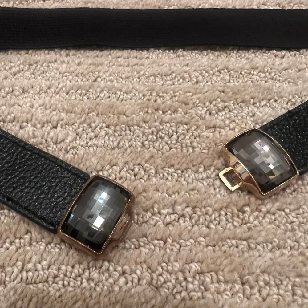 Elise M. Elastic Black Leather Belt With Black Gem